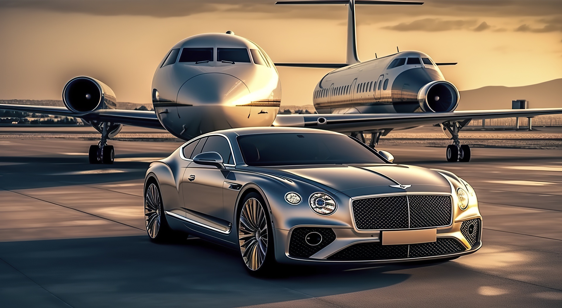 Transfers medium super car and private jet on landing strip business class service at the airport business class transfer airport shuttle ai generative.jpg